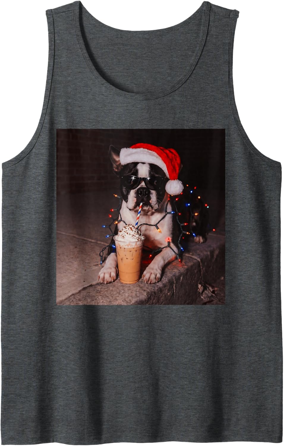 Cool Boston Terrier Santa Hat Iced Coffee Dog Xmas Lights Sleeveless Tank Top - Dark Heather Grey