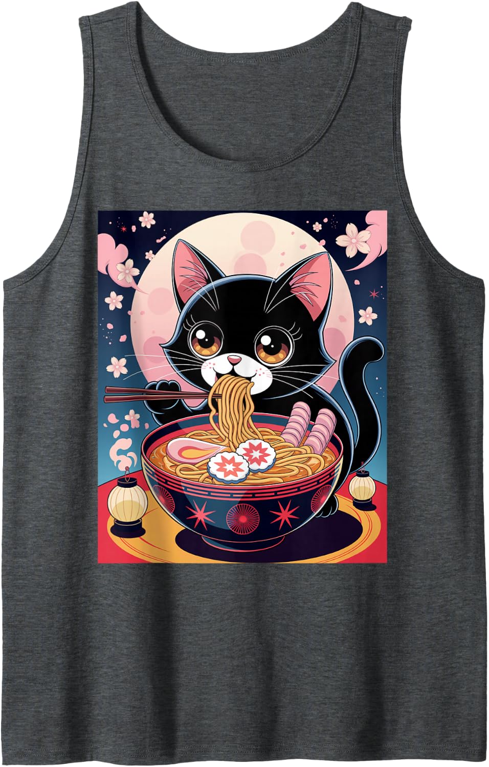 Adorable Noodle Loving Cat Cherry Blossom Cat Ramen Sleeveless Tank Top - Dark Heather Grey