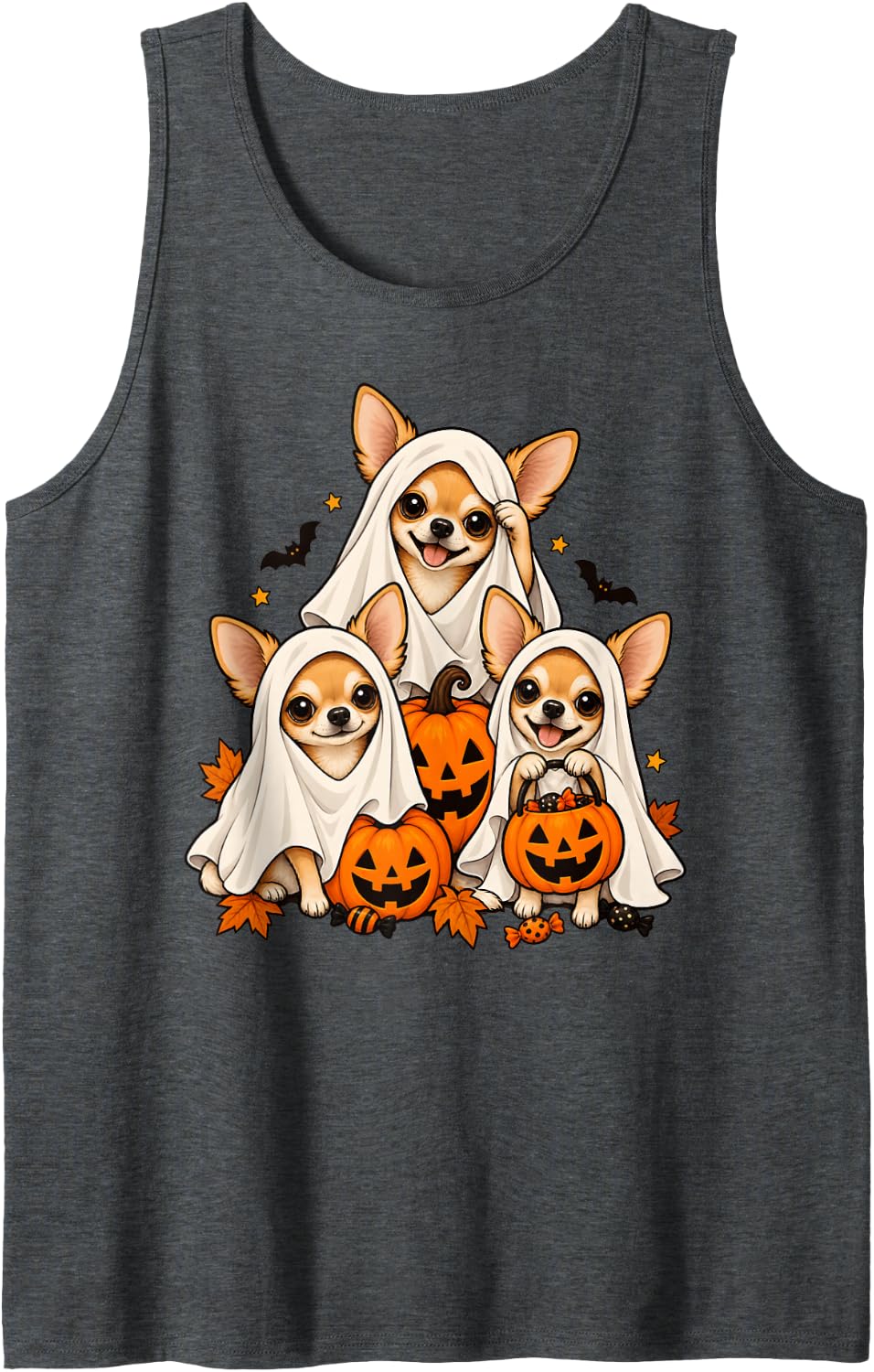 Cute Ghost Chihuahua Dogs and Pumpkins Dog Lover Halloween Sleeveless Tank Top - Dark Heather Grey