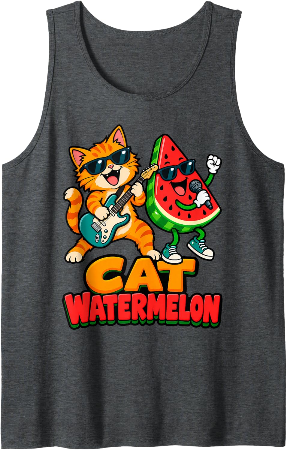 Cat Watermelon Funny Guitarist Singer Animal Fruit Music Duo Sleeveless Tank Top - Dark Heather Grey