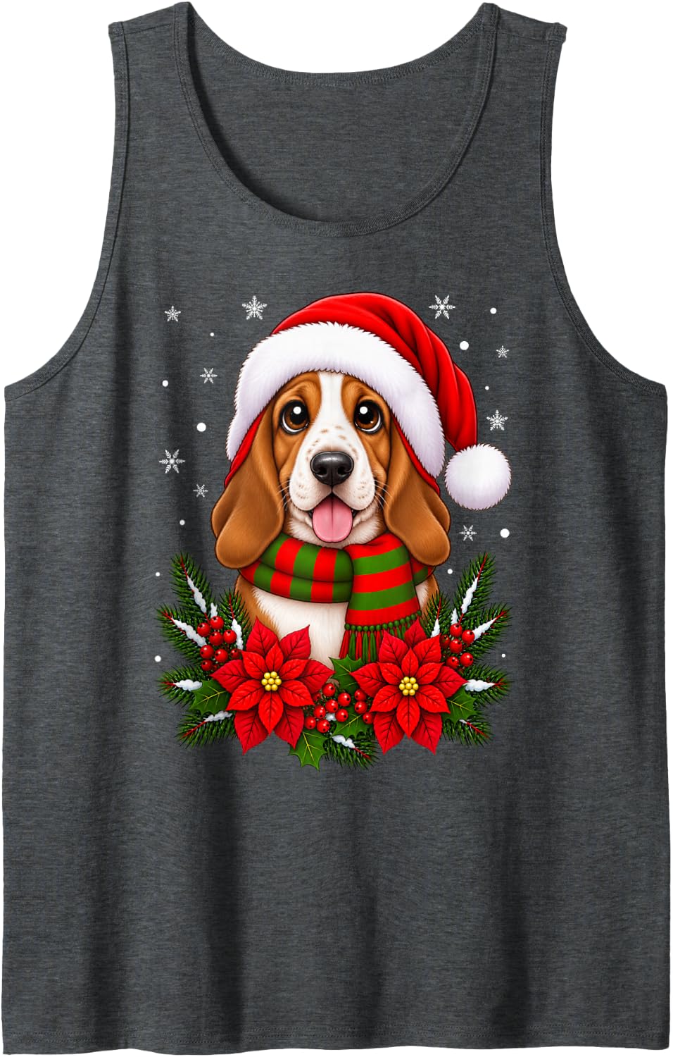 Cute Festive Flowers Santa Hat Basset Hound Dog Christmas Sleeveless Tank Top - Dark Heather Grey