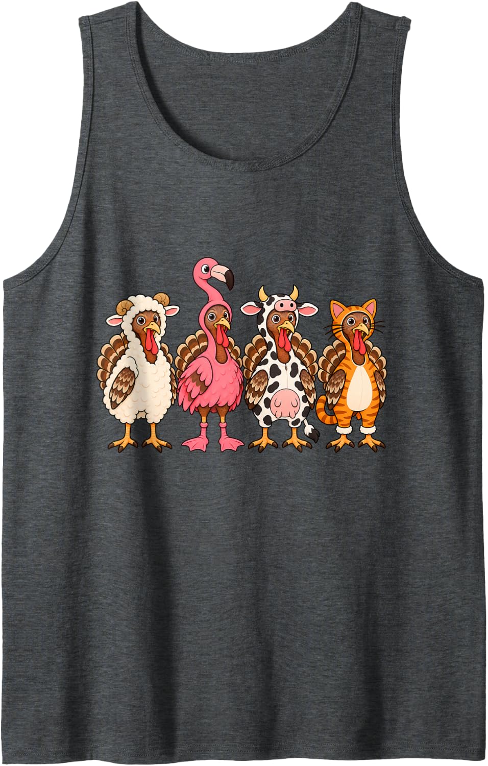 Turkeys Disguise Funny Thanksgiving Flamingo Sheep Cow Cat Sleeveless Tank Top - Dark Heather Grey
