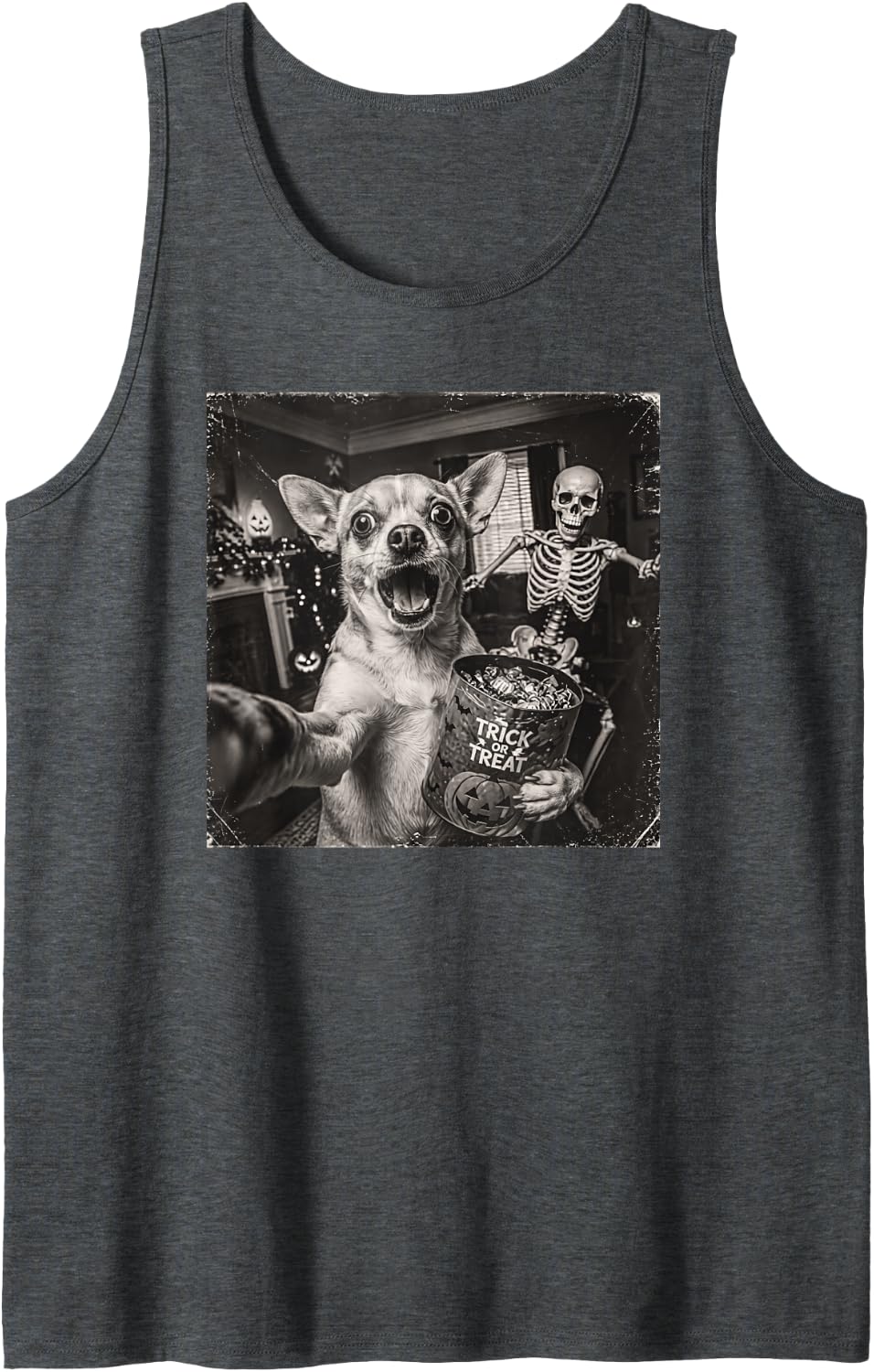 Halloween Chihuahua Selfie Scary Skeleton Dog Lover Spooky Sleeveless Tank Top - Dark Heather Grey