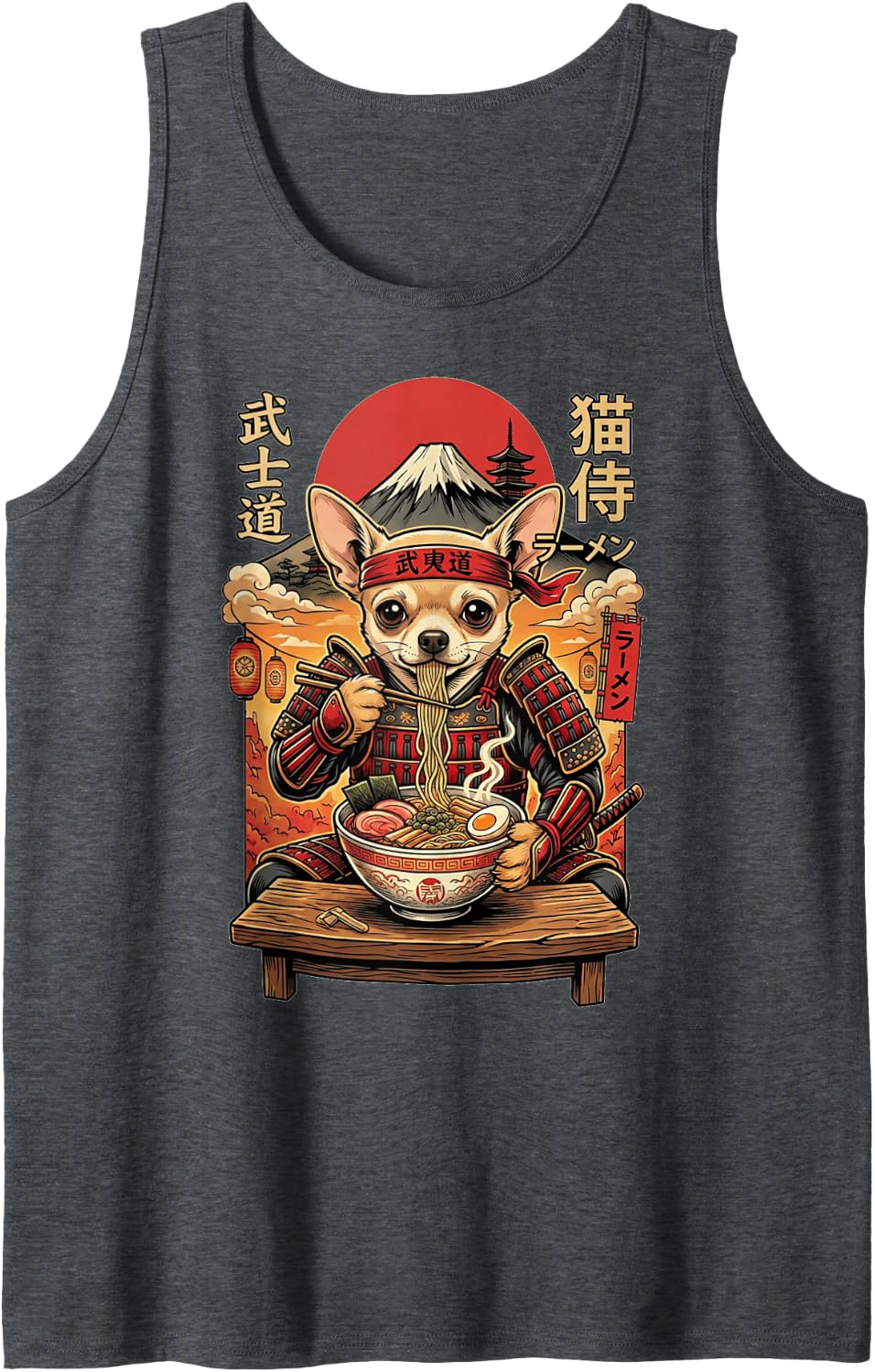 Chihuahua Dog Ramen Kawaii Japan Samurai Graphic Snack Sleeveless Tank Top - Dark Heather Grey