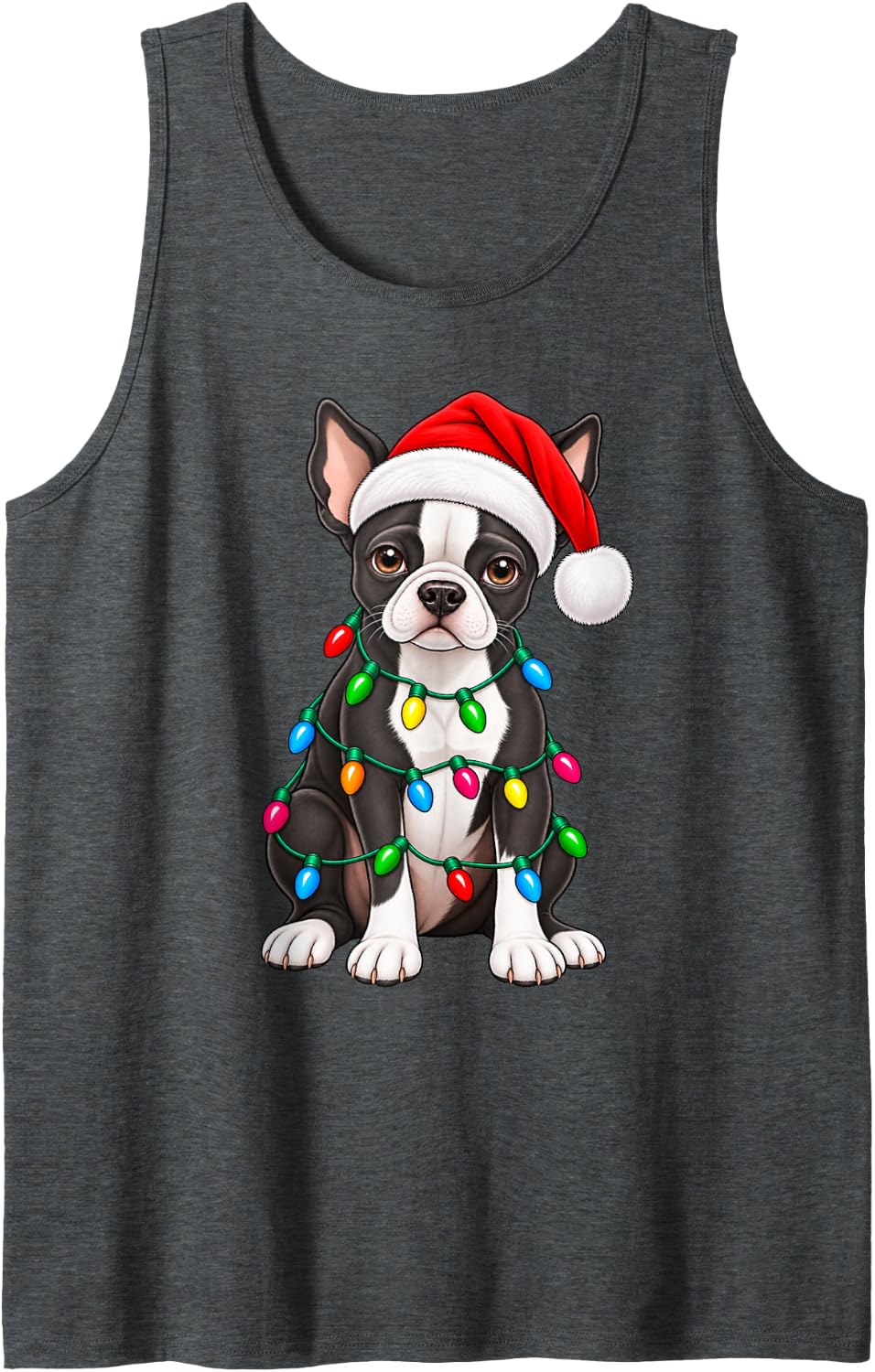 Cute Boston Terrier Santa Christmas Lights Dog Lover Xmas Sleeveless Tank Top - Dark Heather Grey