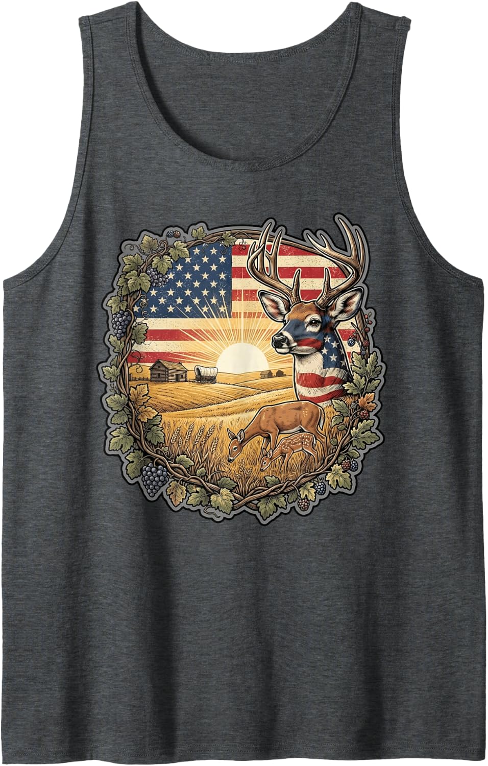 American Flag Deer Farm Sunset Wildlife Country Art Sleeveless Tank Top - Dark Heather Grey