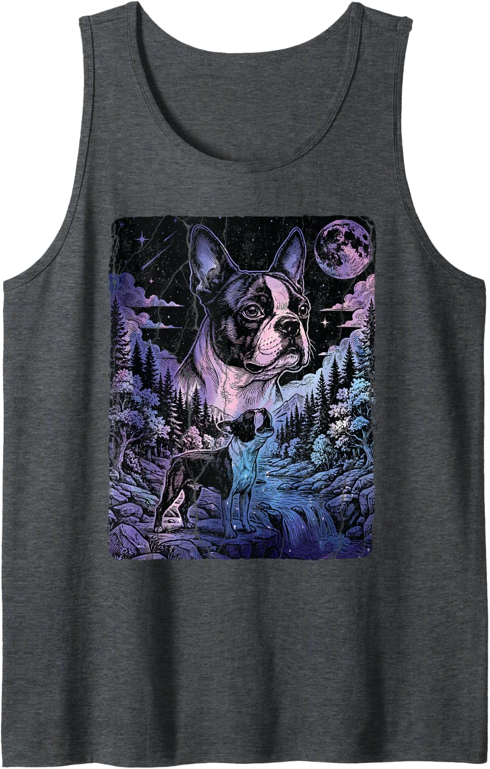 Boston Terrier Dog Howling Moon Funny Bostie Mom Vintage Tank Top - Dark Heather Grey