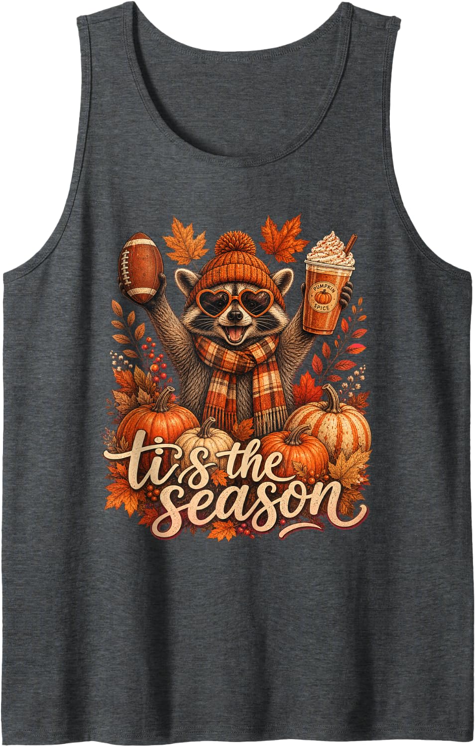 Tis The Season Raccoon Football Pumpkin Latte Thanksgiving Sleeveless Tank Top - Dark Heather Grey