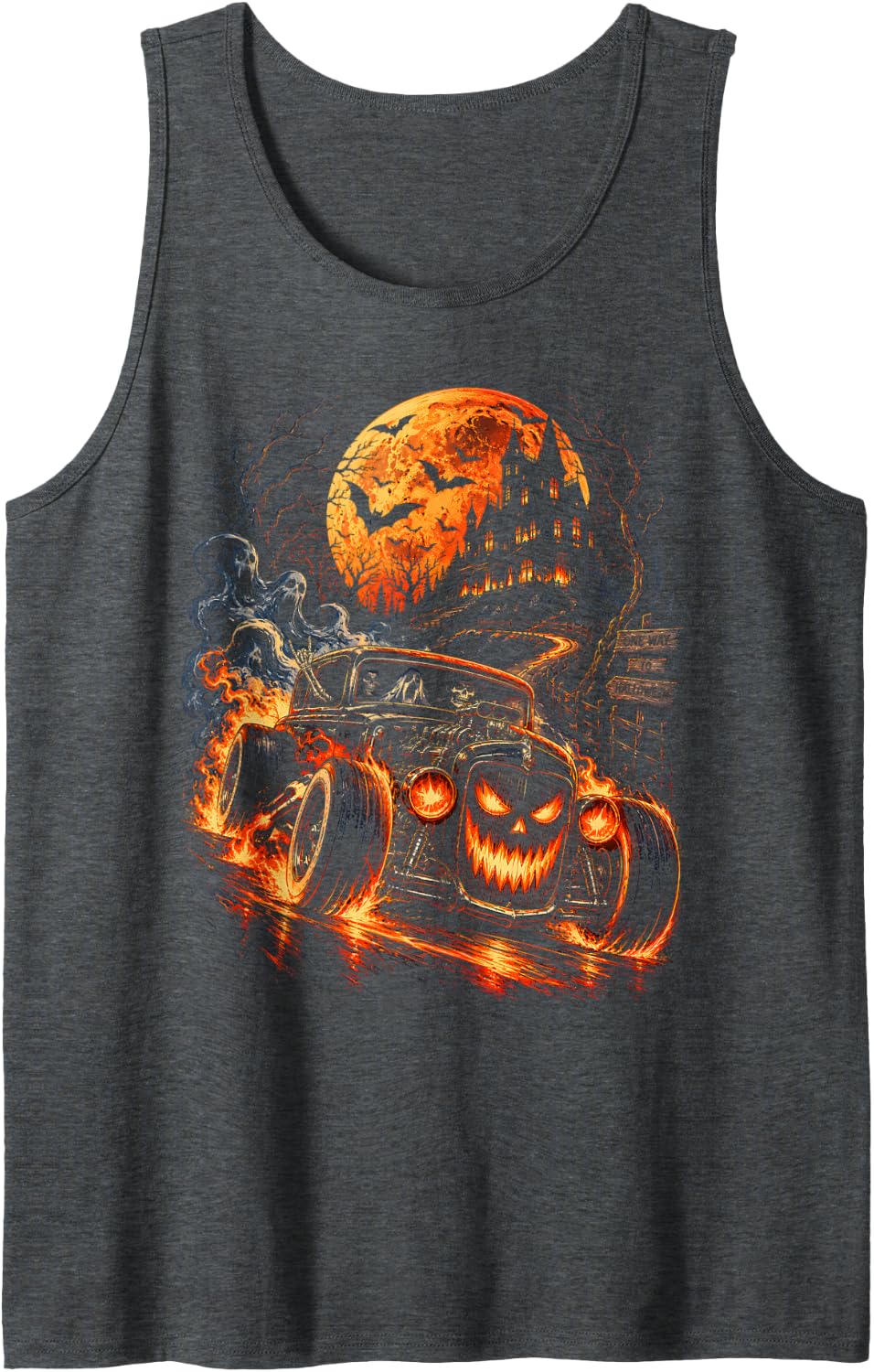 Spooky Halloween Spooky Classic Car Skeleton Ghost Haunted Sleeveless Tank Top - Dark Heather Grey