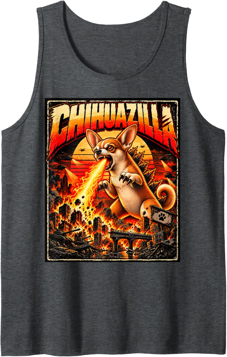 Chihuazilla Giant Chihuahua Dog Monster Funny Retro Parody Sleeveless Tank Top - Dark Heather Grey