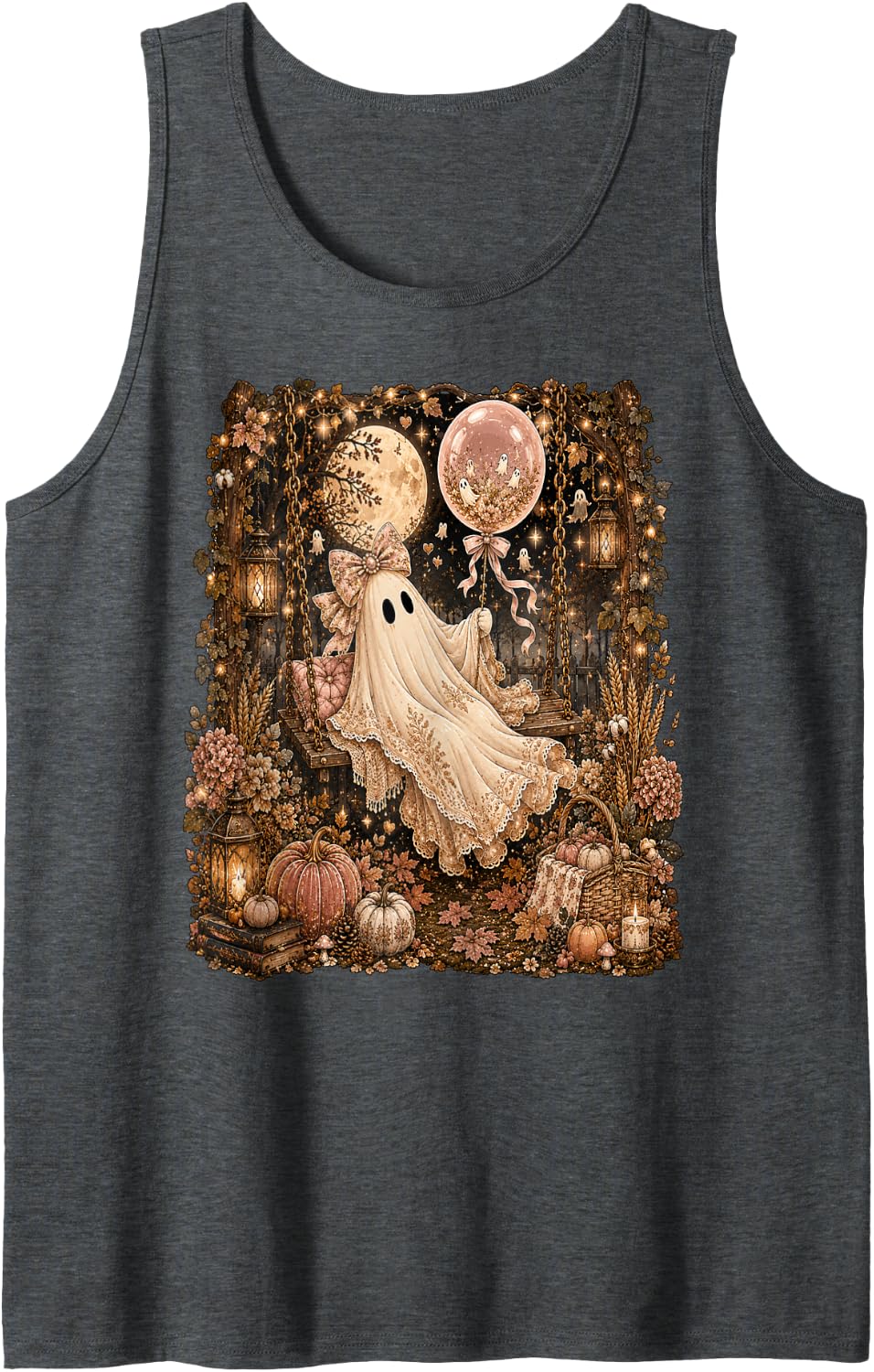 Coquette Pumpkin Fall Pink Bow Spooky Season Ghost Halloween Tank Top - Dark Heather Grey