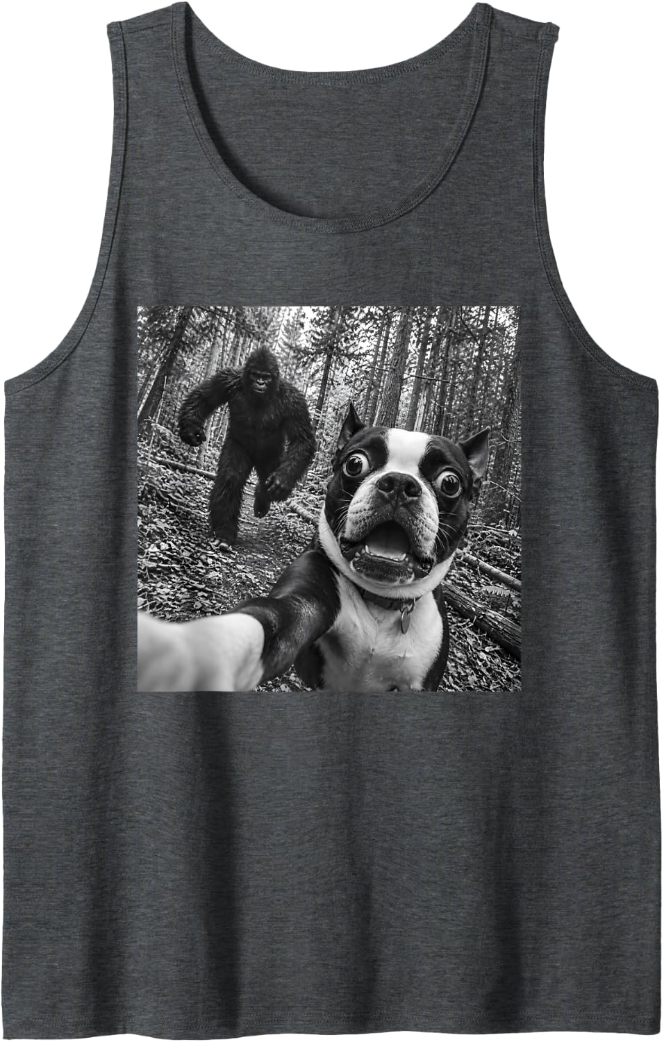 Boston Terrier Bigfoot Selfie Funny Sasquatch Photobomb Dog Sleeveless Tank Top - Dark Heather Grey