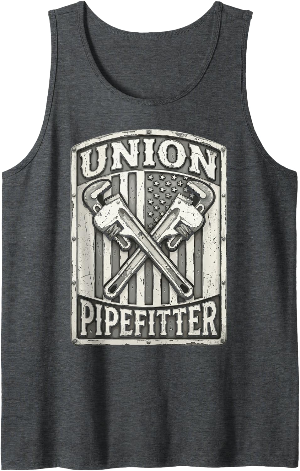 Union Pipefitter American US Flag Plumbing Plumber Tee Sleeveless Tank Top - Dark Heather Grey
