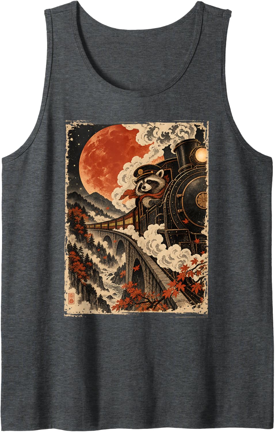 Raccoon Steam Railway Autumn Leaves Japanese Art Raccoon Sleeveless Tank Top - Dark Heather Grey