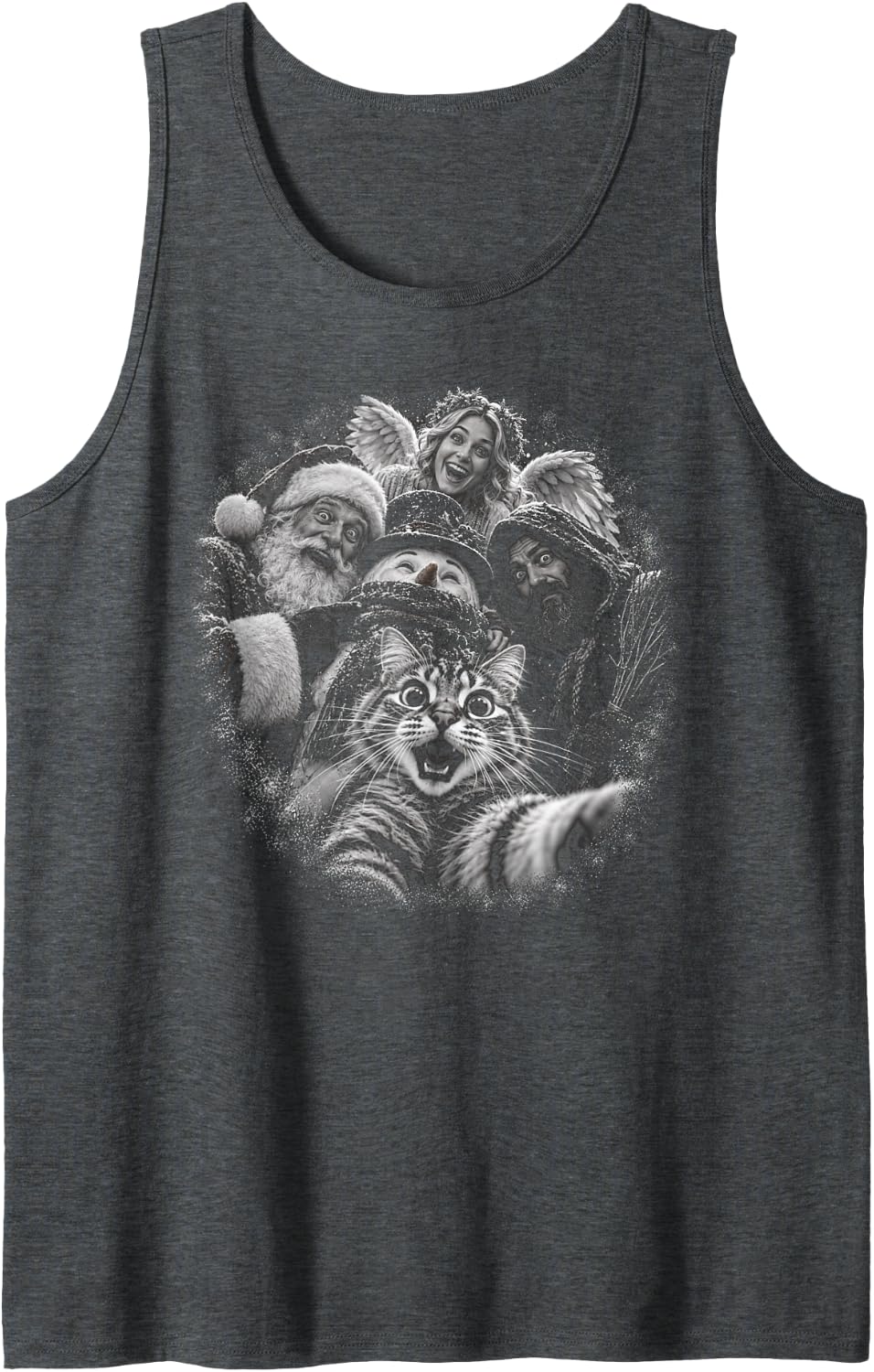 Christmas Cat Selfie Santa Winter Group Sleeveless Tank Top - Dark Heather Grey