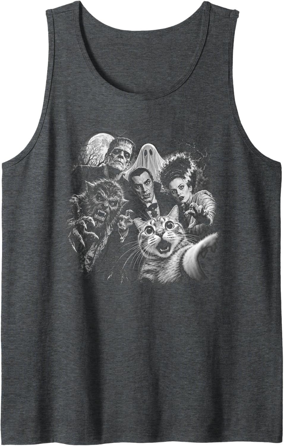 Halloween Monster Cat Selfie Wide Eyed Cat Vintage Art Sleeveless Tank Top - Dark Heather Grey