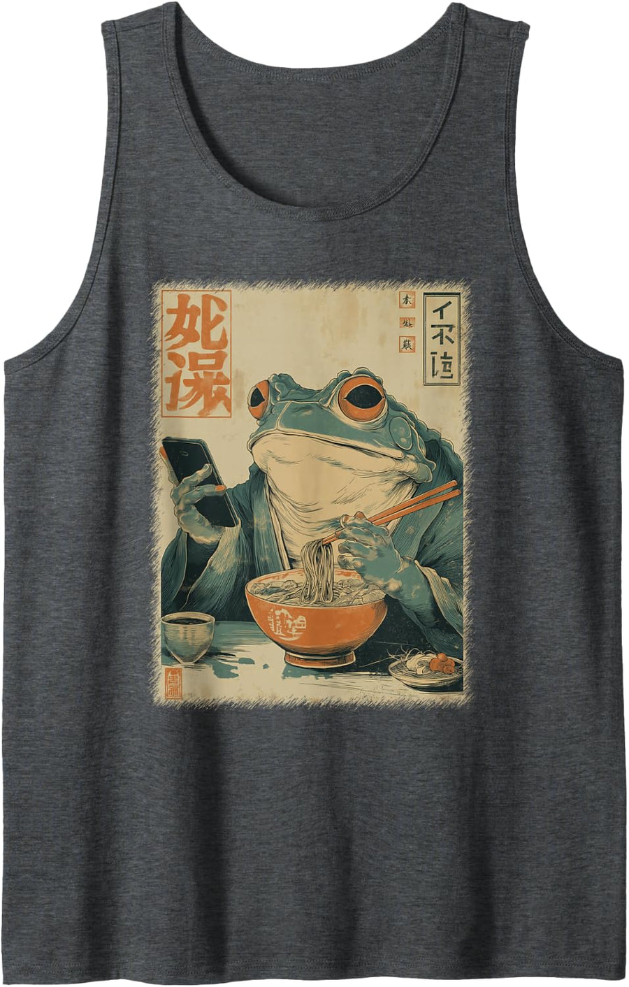Funny Grumpy Frog Eat Ramen and Scroll Phone Japanese Art Tank Top - Dark Heather Grey