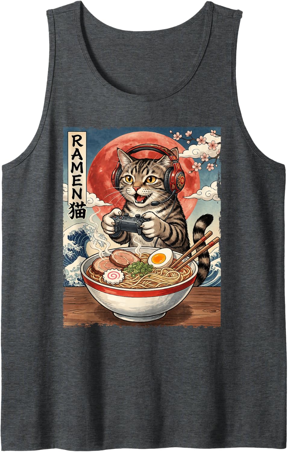 Retro Cat Ramen Japanese Kawaii Cat Anime Funny Graphic Sleeveless Tank Top - Dark Heather Grey