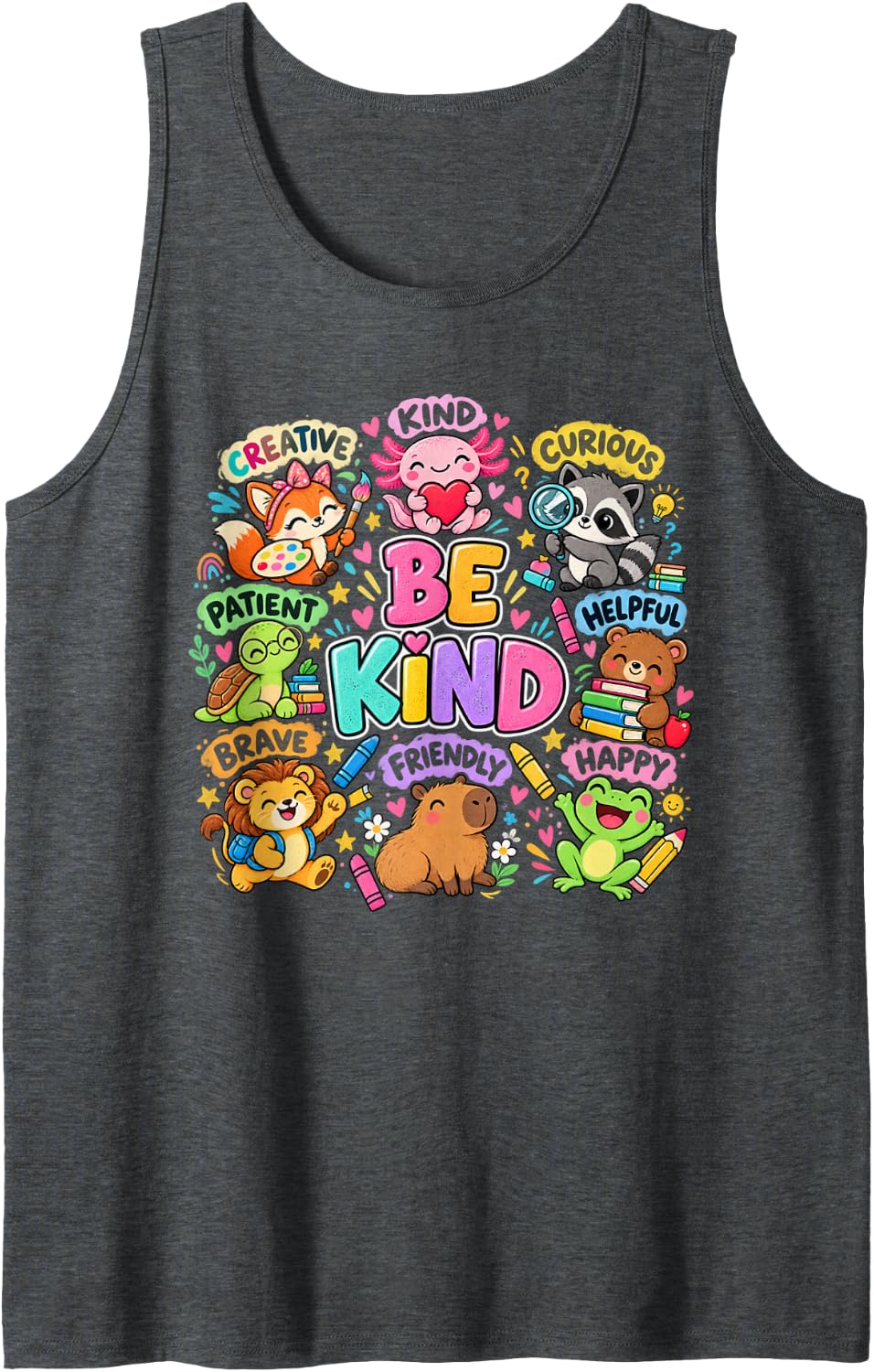 Be Kind Kindergarten Teacher Classroom Animals School Sleeveless Tank Top - Dark Heather Grey