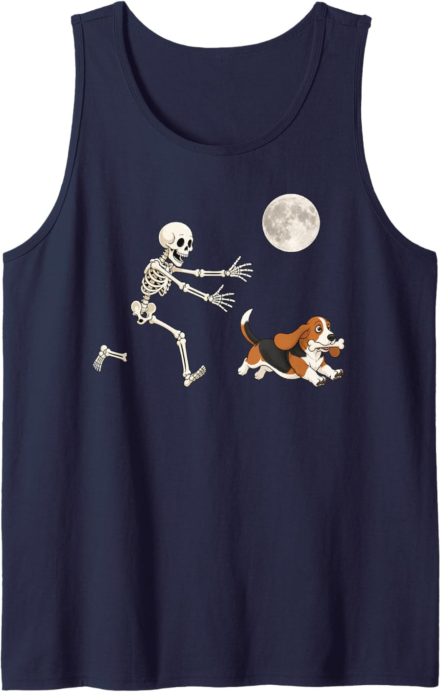 Basset Hound Running Skeleton Retro Halloween Dog Sleeveless Tank Top - Navy Blue