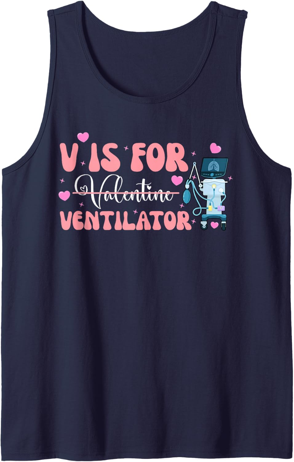 V is for Ventilator Respiratory Lung Therapist Pulmonologist Sleeveless Tank Top - Navy Blue