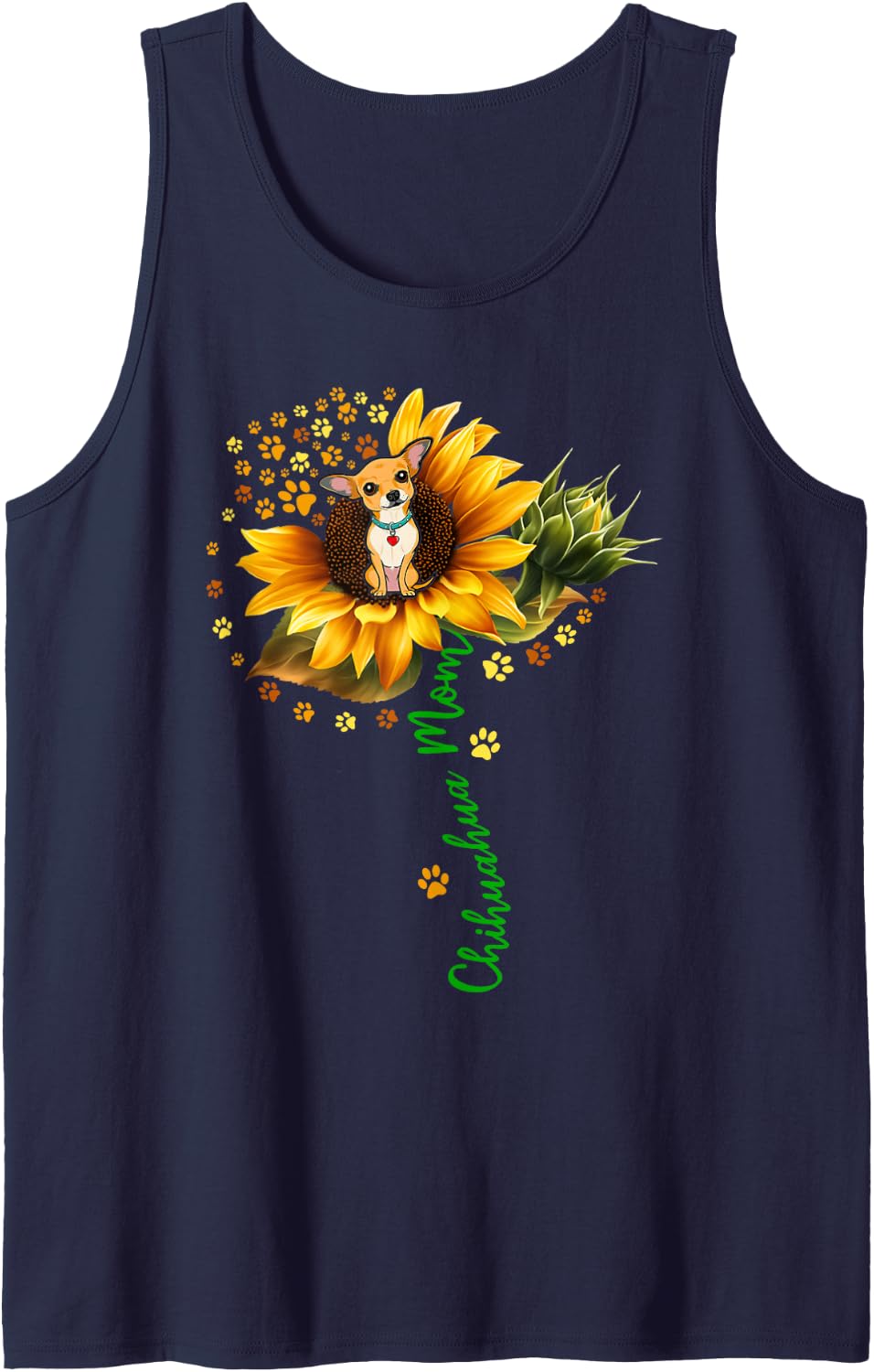 Chihuahua Mom Funny Chihuahua On Sunflower Dog Paws Flower Sleeveless Tank Top - Navy Blue