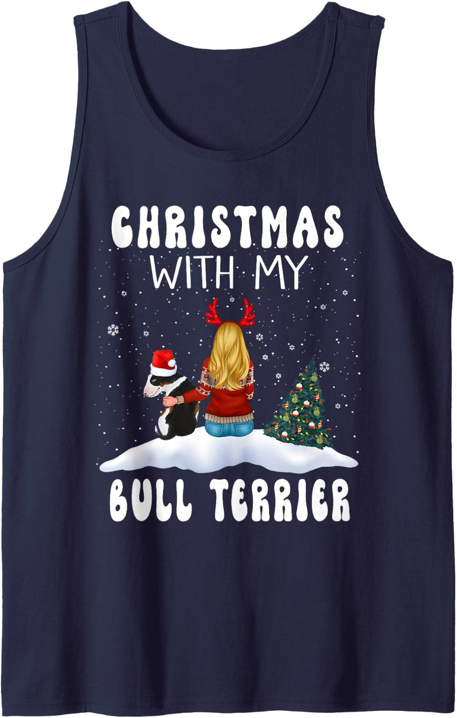 Christmas with My Bull Terrier Dog Puppy Funny Xmas Sleeveless Tank Top - Navy Blue