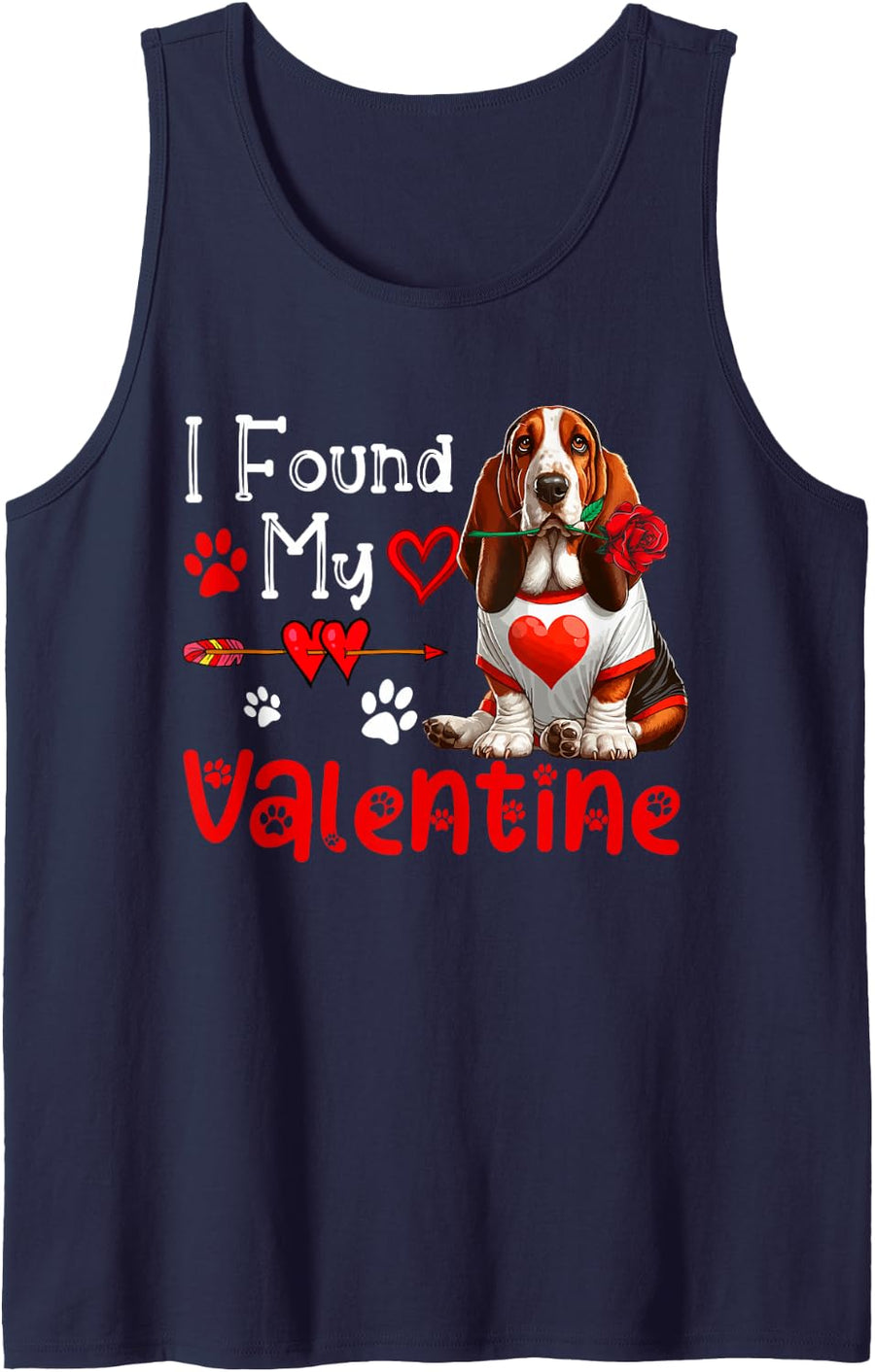 I Found My Valentine Basset Hound with Flower Cute Hearts Sleeveless Tank Top - Navy Blue