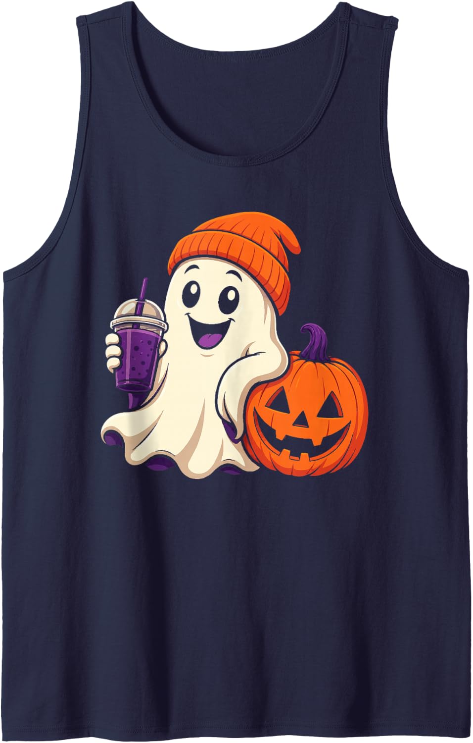 Halloween Ghost Iced Coffee Retro Spooky Season Cute Tank Top - Navy Blue