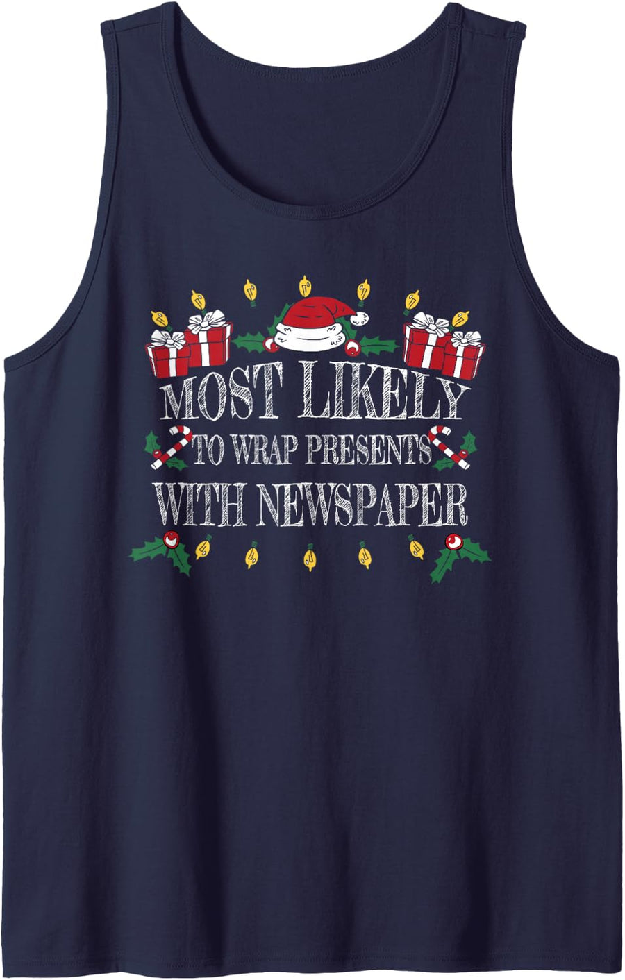Most Likely to Wrap Presents with Newspaper Christmas Sleeveless Tank Top - Navy Blue