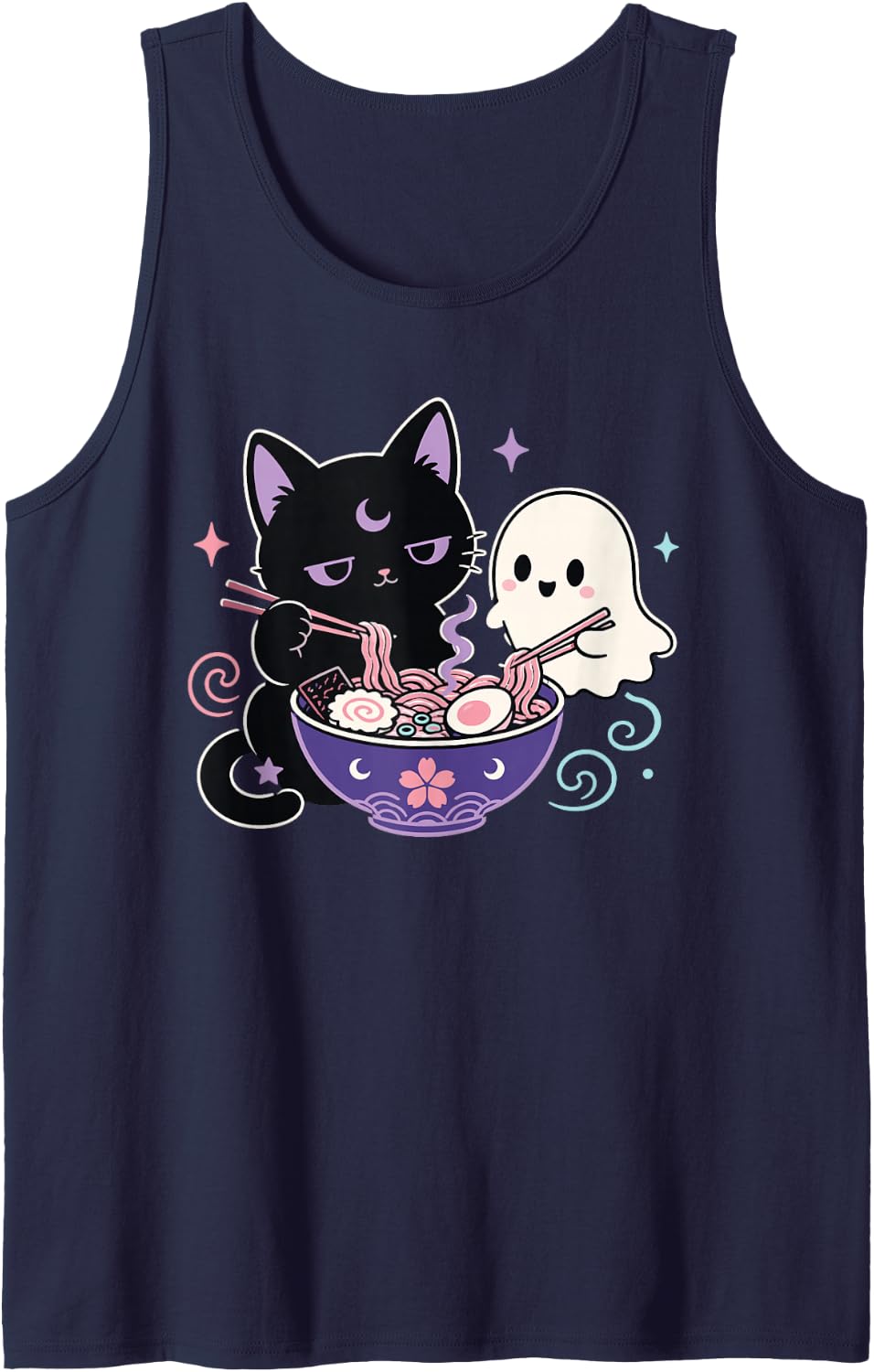 Creepy Kawaii Black Cat Ghost Eating Ramen Pastel Goth Sleeveless Tank Top - Navy Blue