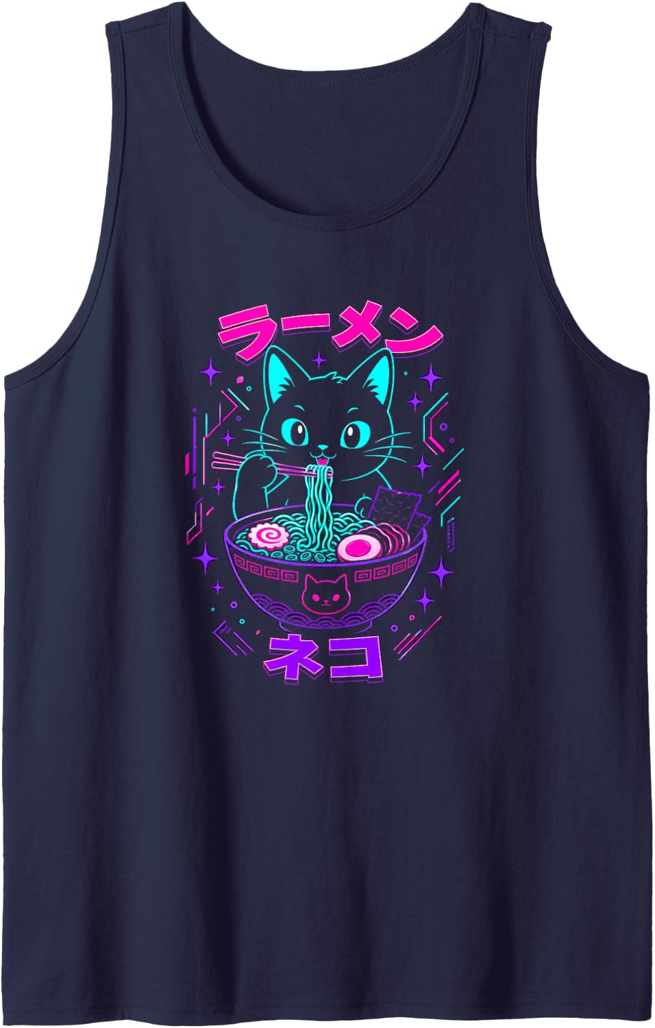 Ramen Cat Kawaii Anime Japanese Noodles Pink Turquoise Sleeveless Tank Top - Navy Blue