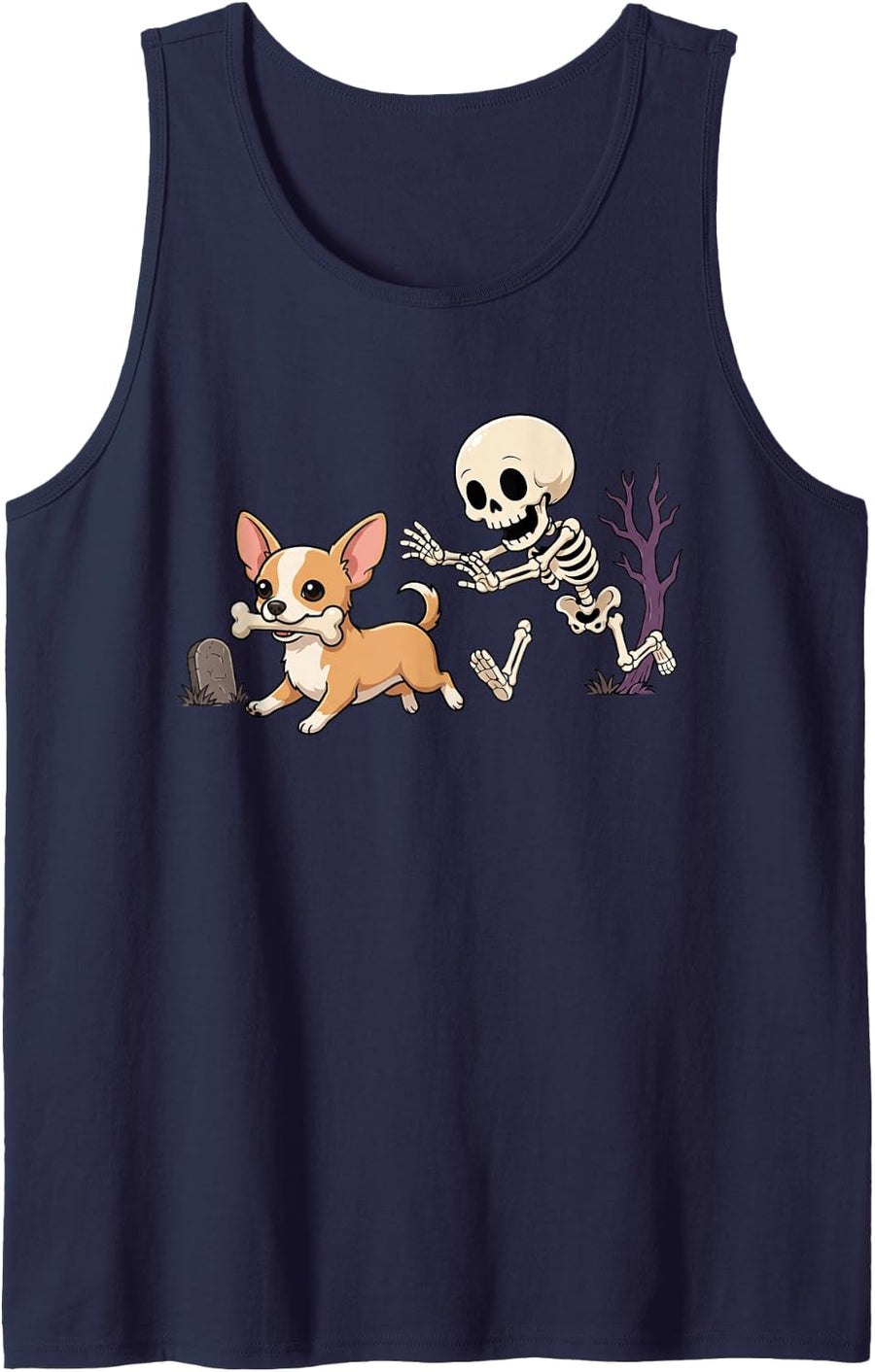 Funny Chihuahua Skeleton Halloween Spooky Season Dog Sleeveless Tank Top - Navy Blue