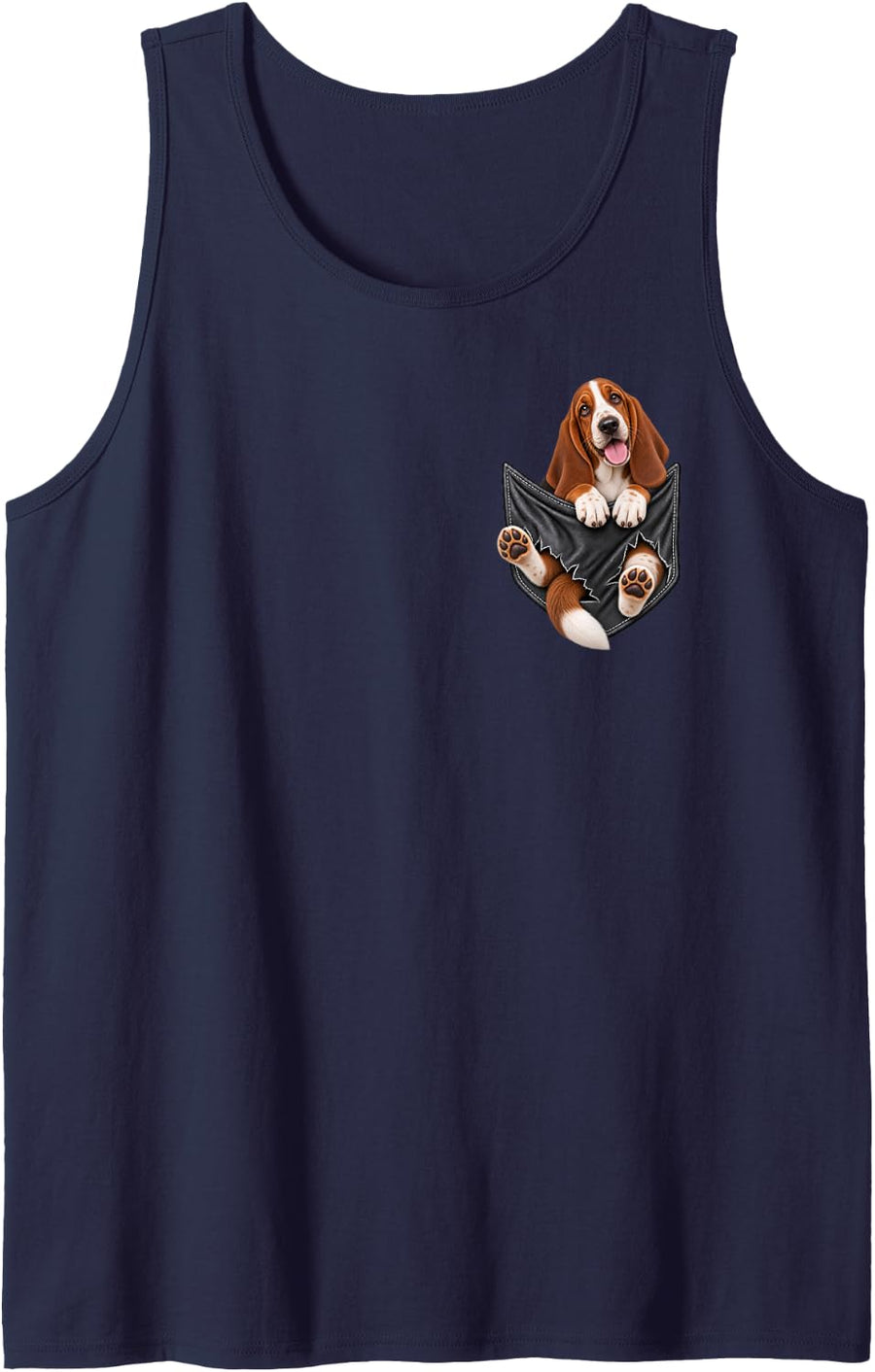 Cute Basset Hound Dog Pocket Funny Dog Mom Dog Dad Dog Lover Sleeveless Tank Top - Navy Blue
