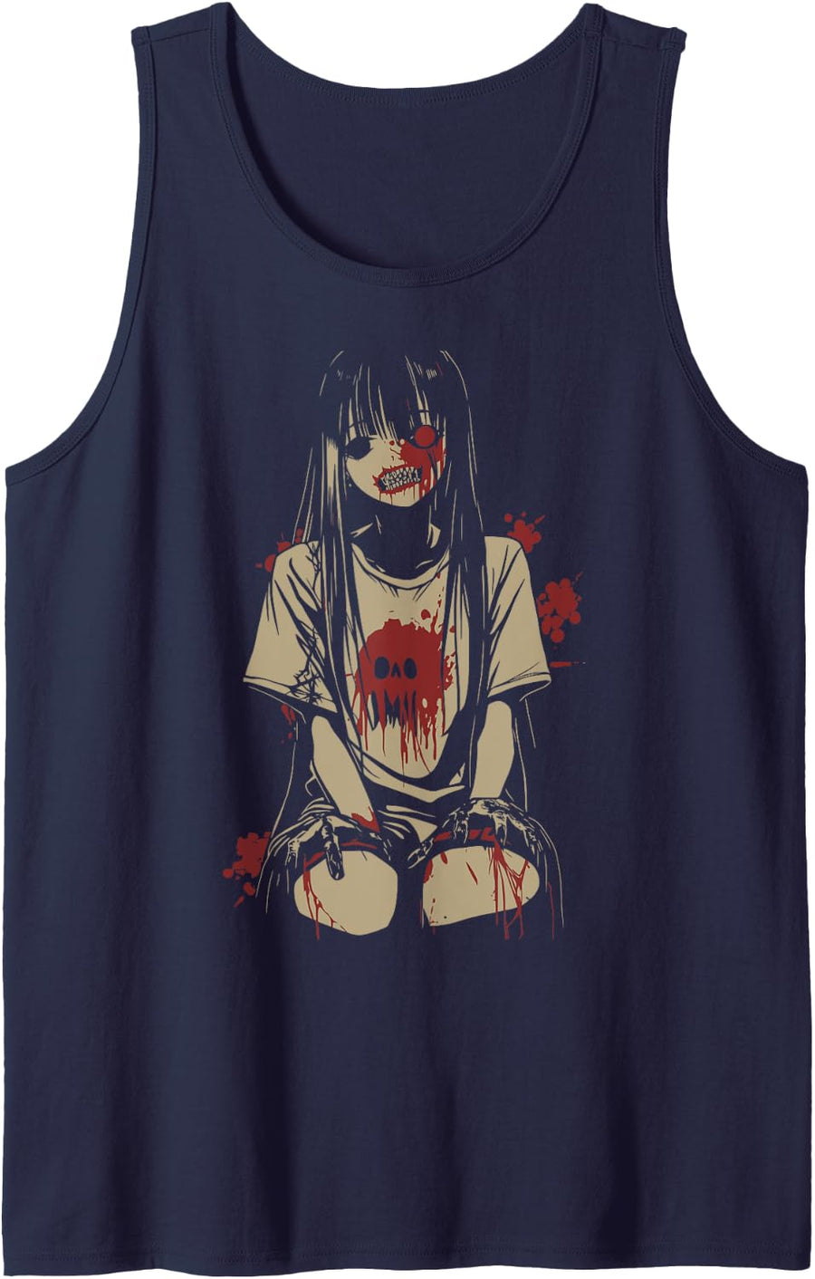 Anime Horror Girl Aesthetic Soft Grunge Waifu Japanese Girl Tank Top - Navy Blue