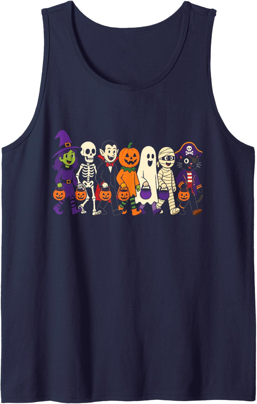 Halloween Trick Or Treat Cute Ghost Witch Skeleton Squad Tank Top - Navy Blue