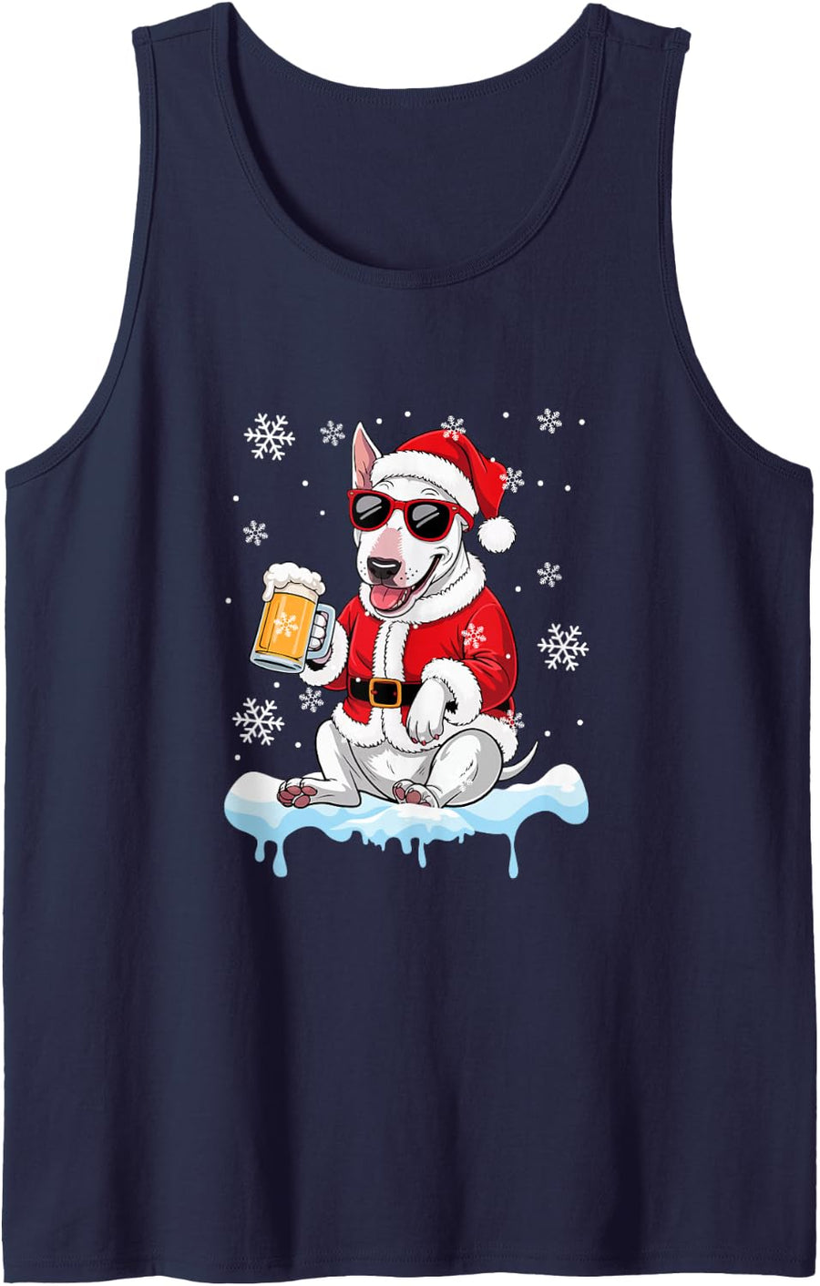 Santa Bull Terrier Sunglasses Drinking Beer Christmas Owner Sleeveless Tank Top - Navy Blue
