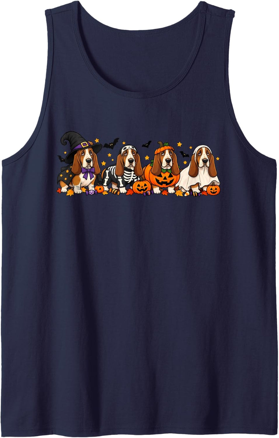 Cute Basset Hound Ghost Pumpkin Dog Lovers Halloween Costume Sleeveless Tank Top - Navy Blue