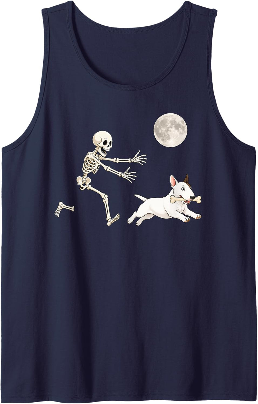 Bull Terrier Running Skeleton Retro Halloween Dog Sleeveless Tank Top - Navy Blue
