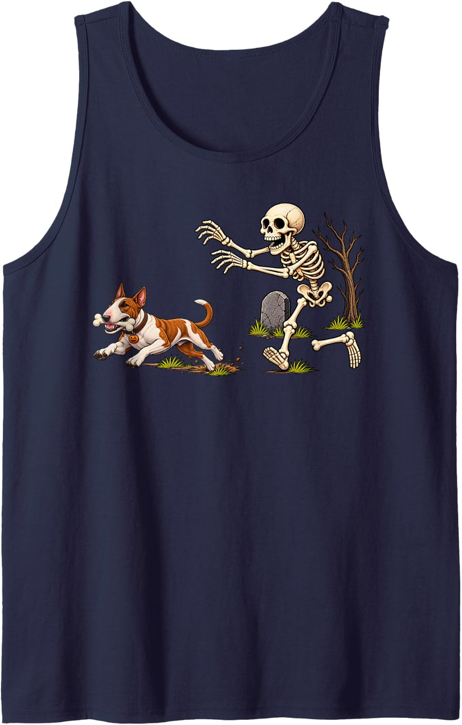 Funny Bull Terrier Dog Stealing Bone from Skeleton Halloween Sleeveless Tank Top - Navy Blue