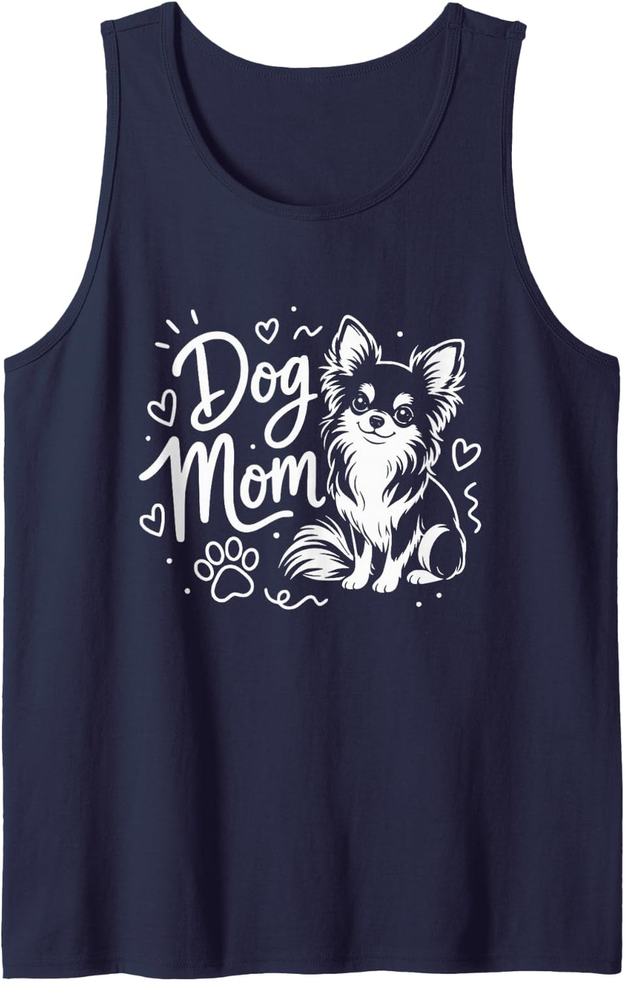 Long Hair Chihuahua Dog Mom Cute Puppy Heart Paws Sleeveless Tank Top - Navy Blue