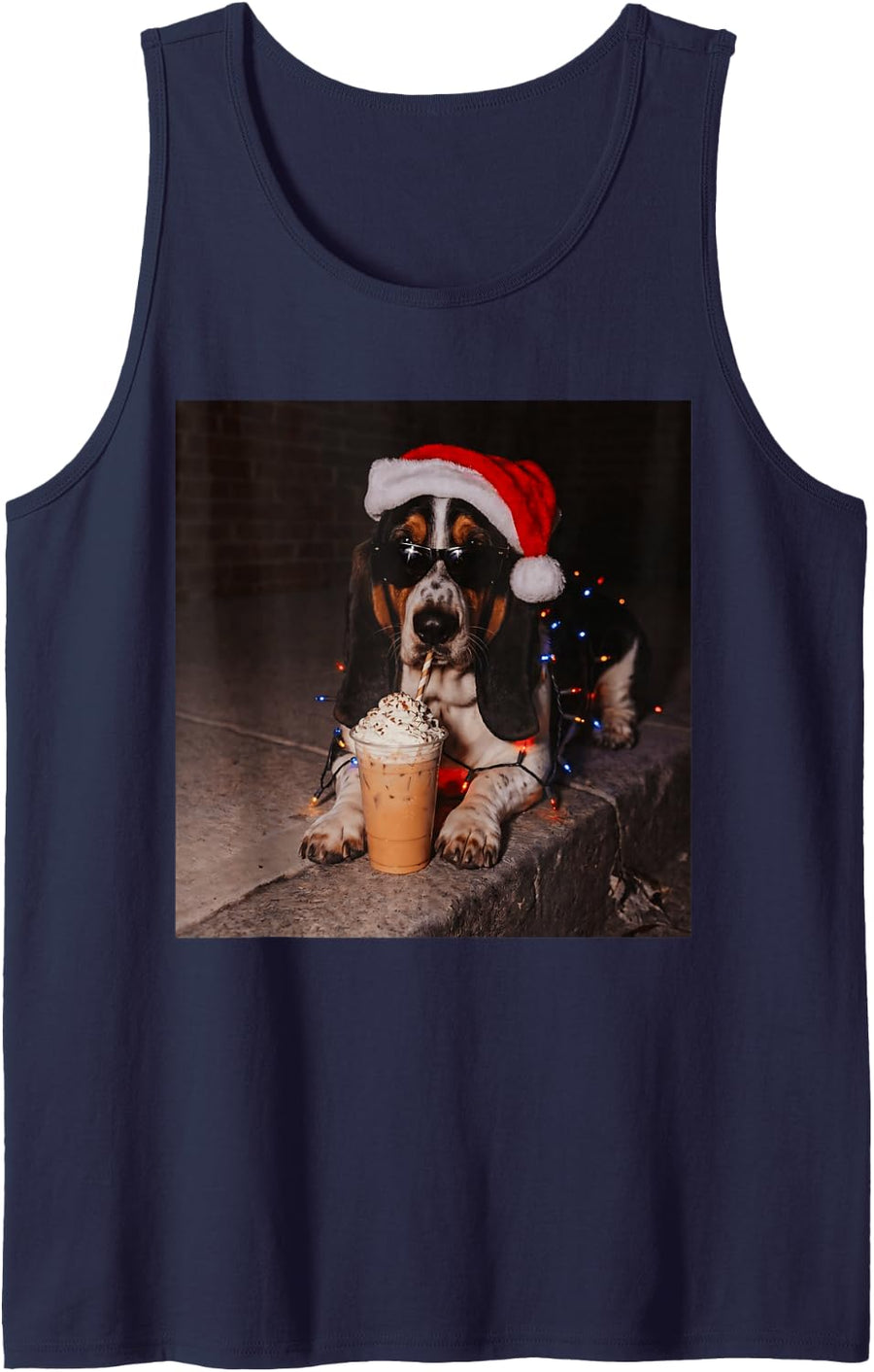 Cool Basset Hound Santa Hat Iced Coffee Dog Christmas Lights Sleeveless Tank Top - Navy Blue