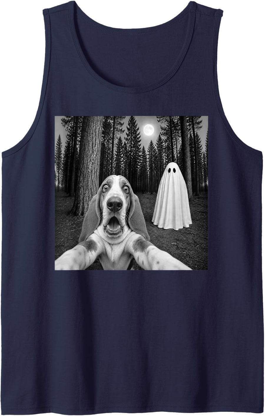 Spooky Basset Hound Selfie with Ghost Halloween Dog Sleeveless Tank Top - Navy Blue