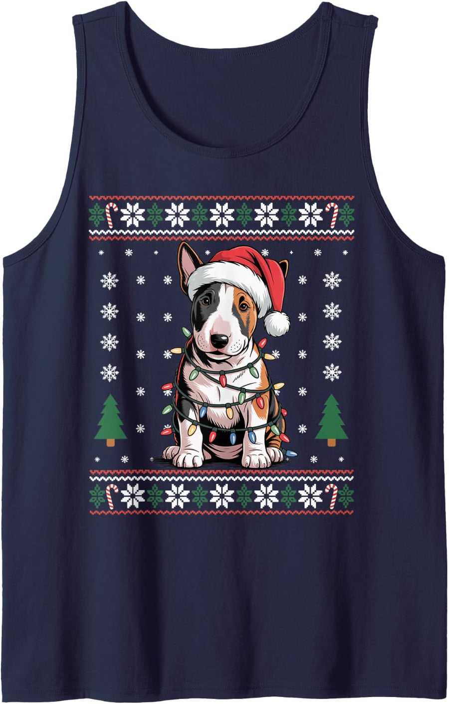 Cute Funny Bull Terrier Puppy Santa Lights Dog Mom Dad Lover Sleeveless Tank Top - Navy Blue