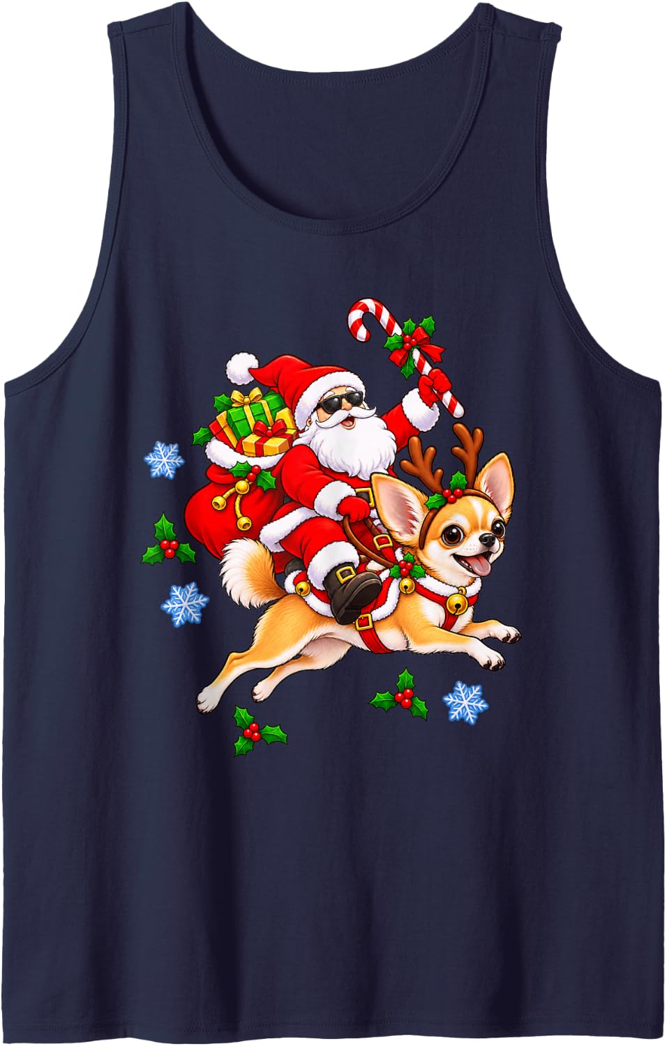 Christmas Santa Happy Chihuahua Holiday Cartoon Illustration Sleeveless Tank Top - Navy Blue