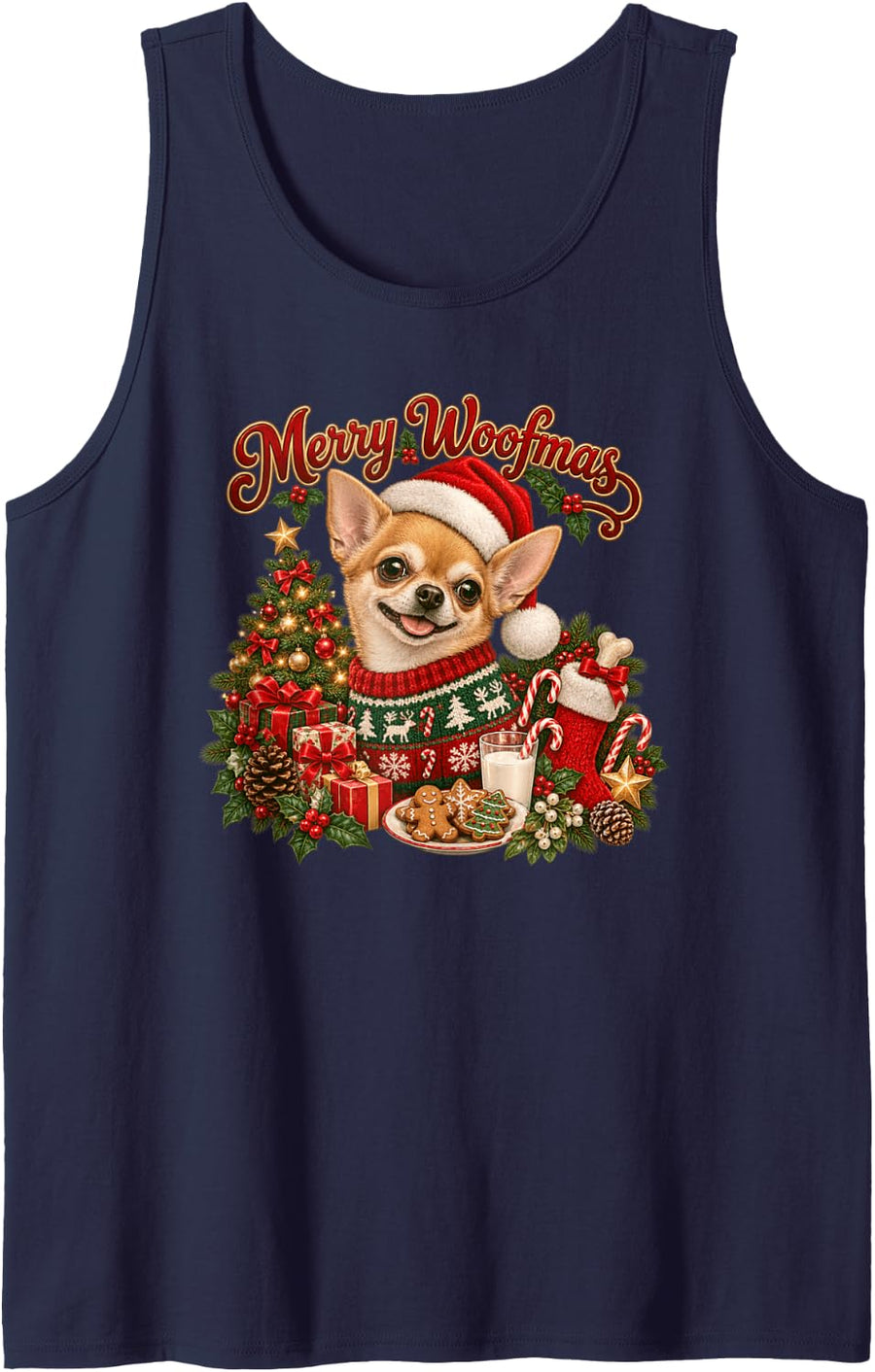 Merry Woofmas Christmas Chihuahua Santa Hat Sleeveless Tank Top - Navy Blue