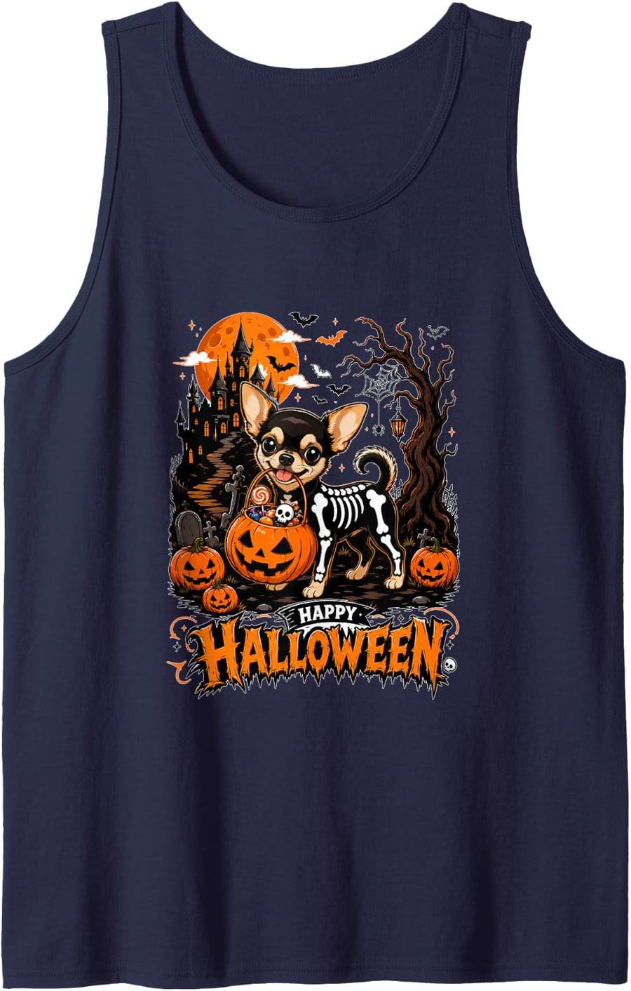 Happy Halloween Chihuahua Cosplay Skeleton Matching Owner Sleeveless Tank Top - Navy Blue