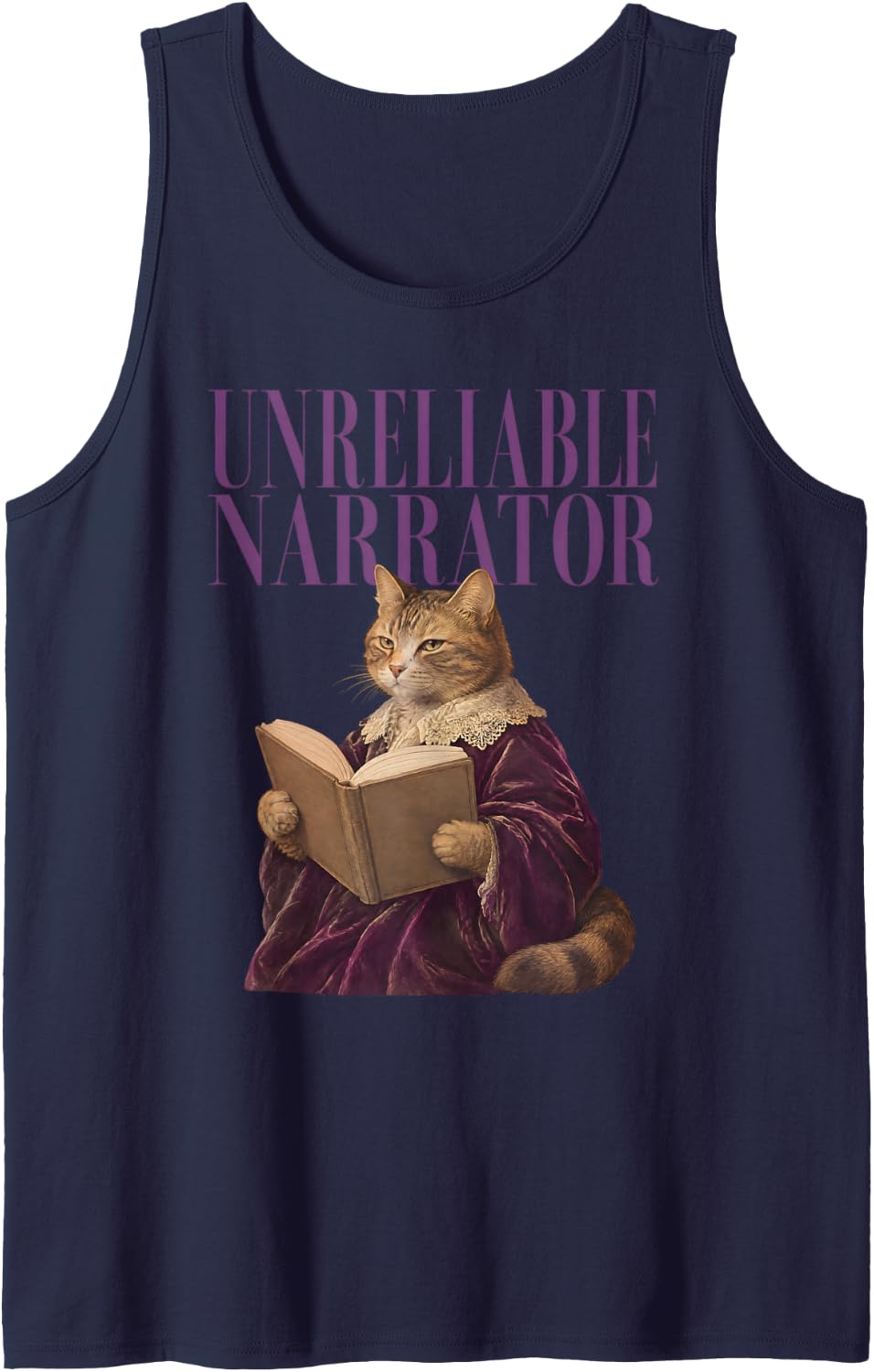 Unreliable Narrator Cat Reading Literature Bookworm Sleeveless Tank Top - Navy Blue
