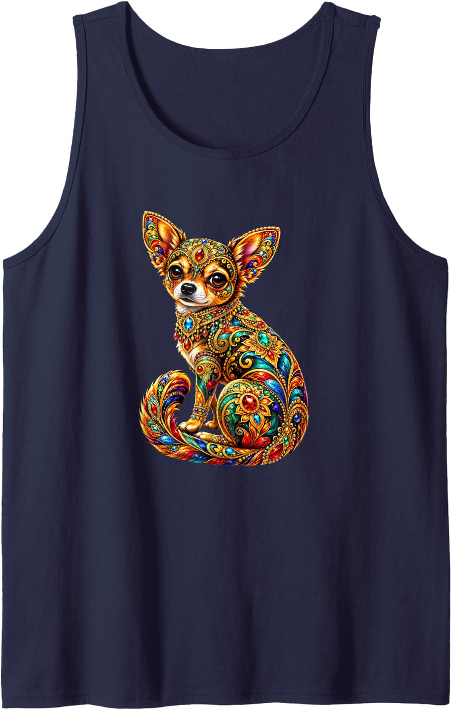 Vibrant Intricate Chihuahua Dog Art Design Sleeveless Tank Top - Navy Blue
