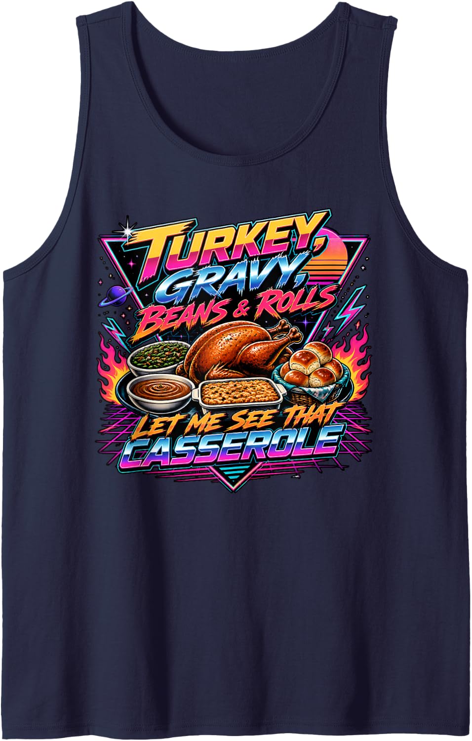 Retro Synthwave Turkey Gravy Beans Rolls Graphic Sleeveless Tank Top - Navy Blue